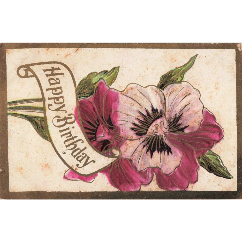 Vintage Happy Birthday Postcard Embossed Pink Pansy Flowers Divided Back Antique - Picture 1 of 2